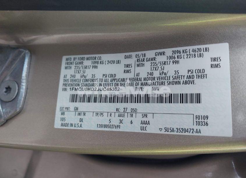 Photo 9 of 2018 Ford Escape SEL (VIN 1FMCU0HD2JUC45302)