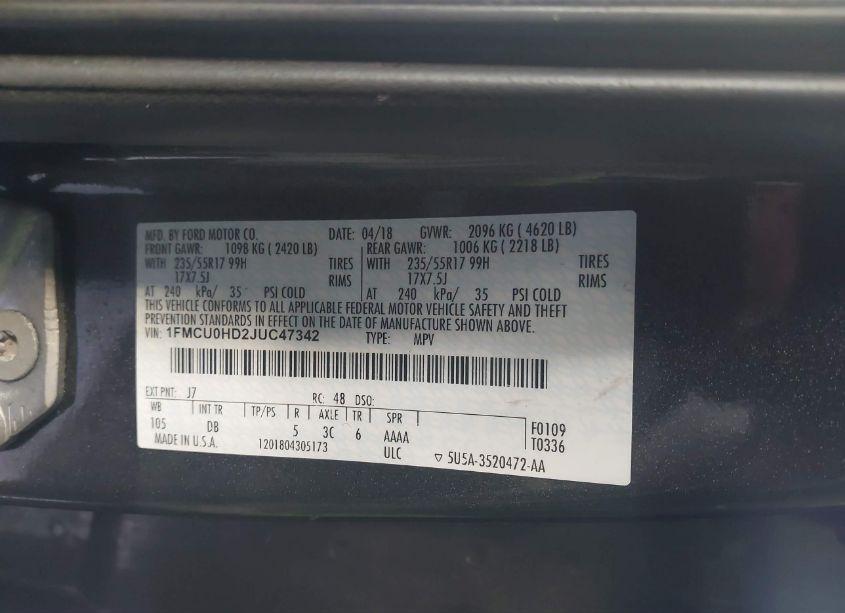Photo 9 of 2018 Ford Escape SEL (VIN 1FMCU0HD2JUC47342)