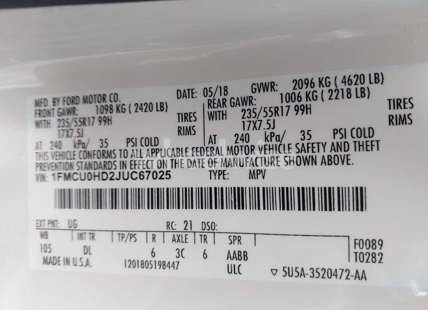 Photo 9 of 2018 Ford Escape SEL (VIN 1FMCU0HD2JUC67025)