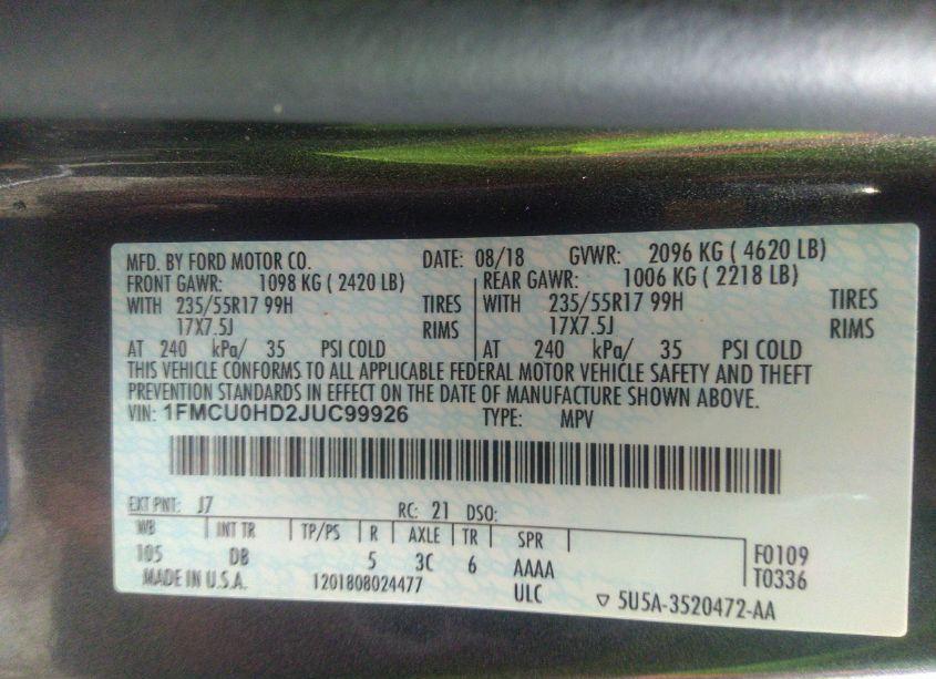 Photo 9 of 2018 Ford Escape SEL (VIN 1FMCU0HD2JUC99926)