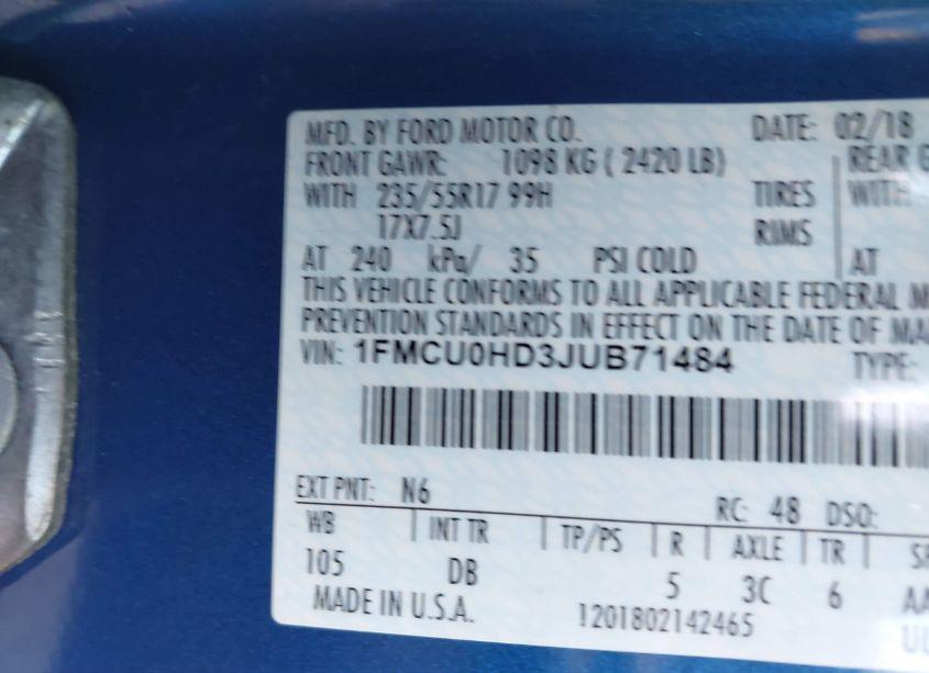 Photo 9 of 2018 Ford Escape SEL (VIN 1FMCU0HD3JUB71484)