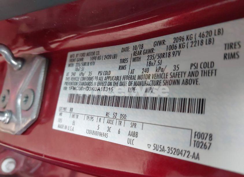 Photo 9 of 2019 Ford Escape SEL (VIN 1FMCU0HD3KUA18315)