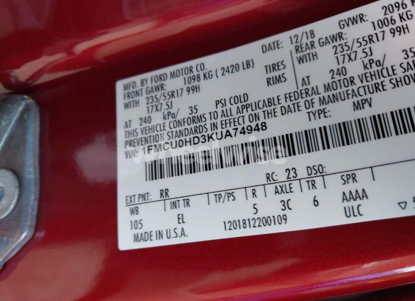 Photo 9 of 2019 Ford Escape SEL (VIN 1FMCU0HD3KUA74948)