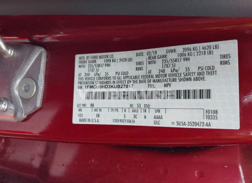 Photo 9 of 2019 Ford Escape SEL (VIN 1FMCU0HD3KUB27017)