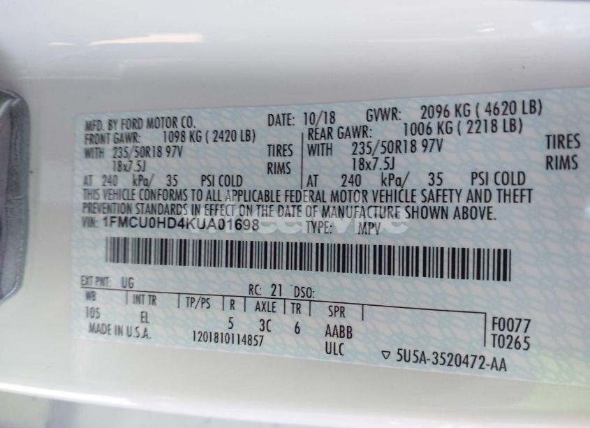 Photo 9 of 2019 Ford Escape SEL (VIN 1FMCU0HD4KUA01698)