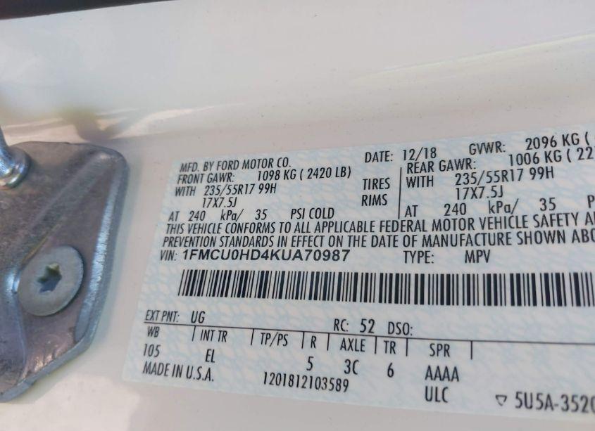 Photo 9 of 2019 Ford Escape SEL (VIN 1FMCU0HD4KUA70987)