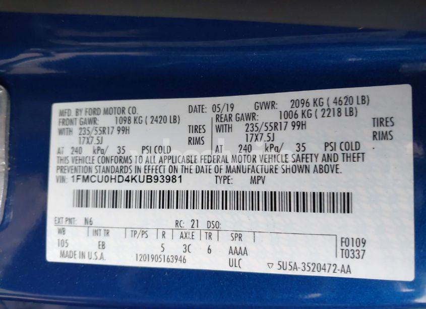 Photo 9 of 2019 Ford Escape SEL (VIN 1FMCU0HD4KUB93981)