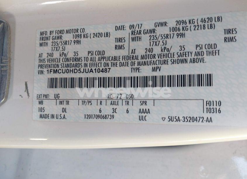 Photo 9 of 2018 Ford Escape SEL (VIN 1FMCU0HD5JUA10487)