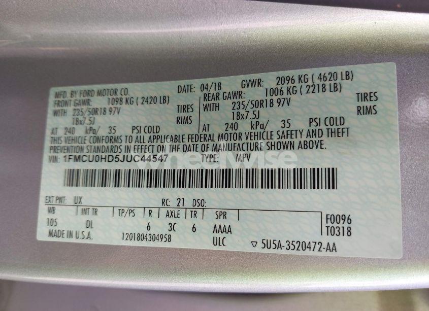 Photo 9 of 2018 Ford Escape SEL (VIN 1FMCU0HD5JUC44547)