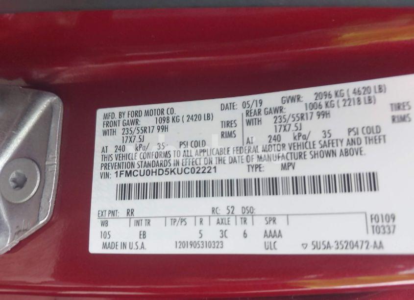 Photo 9 of 2019 Ford Escape (VIN 1FMCU0HD5KUC02221)