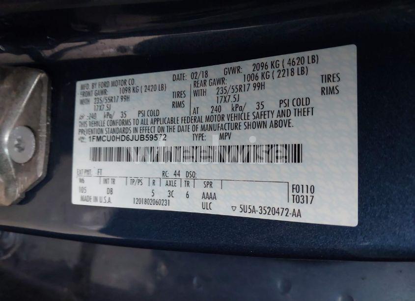 Photo 9 of 2018 Ford Escape SEL (VIN 1FMCU0HD6JUB59572)