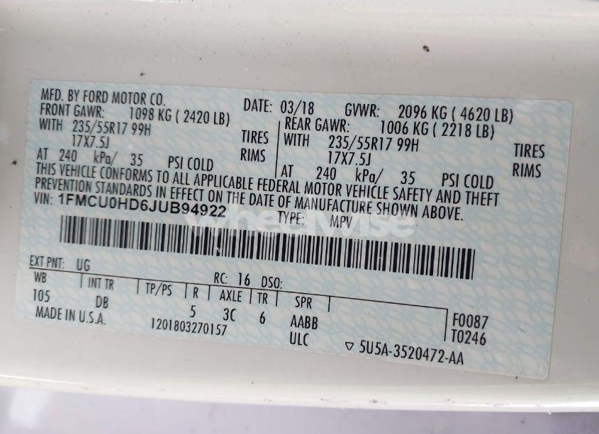 Photo 9 of 2018 Ford Escape SEL (VIN 1FMCU0HD6JUB94922)