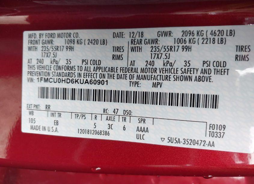 Photo 9 of 2019 Ford Escape SEL (VIN 1FMCU0HD6KUA60901)