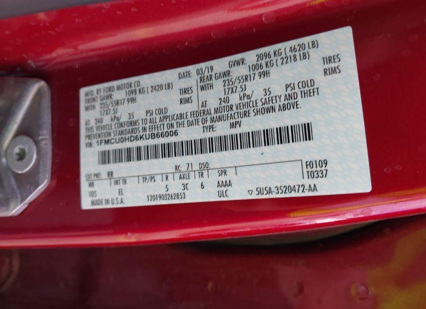 Photo 9 of 2019 Ford Escape SEL (VIN 1FMCU0HD6KUB66006)