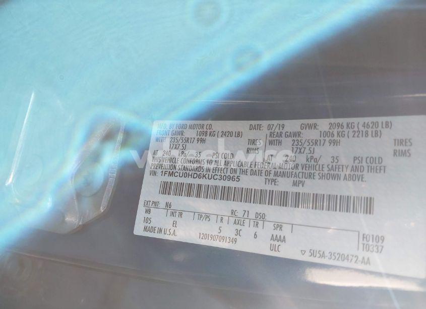 Photo 9 of 2019 Ford Escape SEL (VIN 1FMCU0HD6KUC30965)