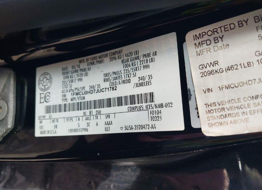 Photo 9 of 2018 Ford Escape SEL (VIN 1FMCU0HD7JUC71782)