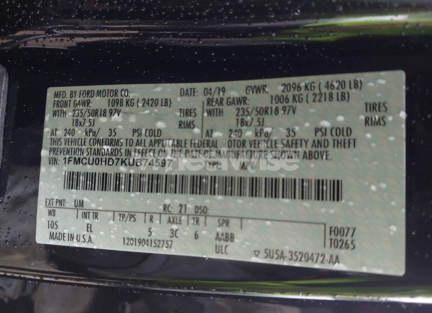 Photo 9 of 2019 Ford Escape SEL (VIN 1FMCU0HD7KUB74597)