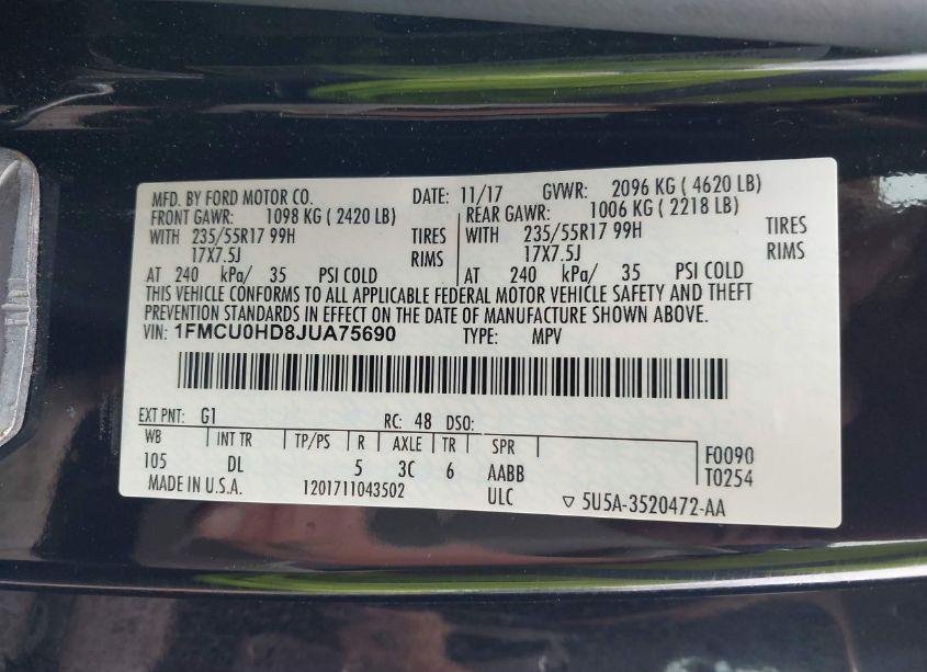 Photo 9 of 2018 Ford Escape SEL (VIN 1FMCU0HD8JUA75690)