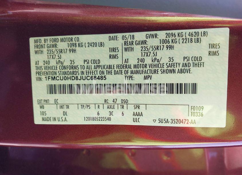 Photo 9 of 2018 Ford Escape SEL (VIN 1FMCU0HD8JUC68485)