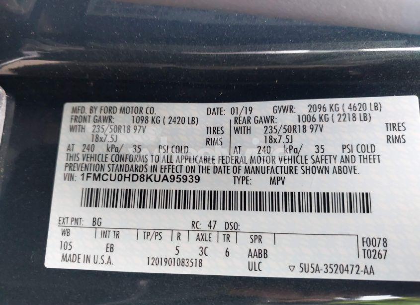 Photo 9 of 2019 Ford Escape SEL (VIN 1FMCU0HD8KUA95939)