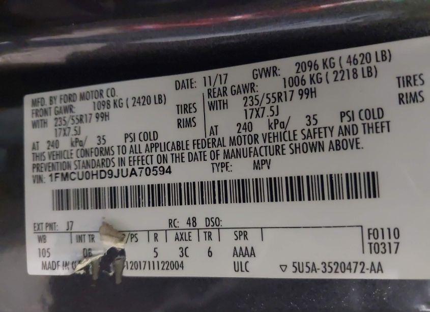 Photo 9 of 2018 Ford Escape SEL (VIN 1FMCU0HD9JUA70594)