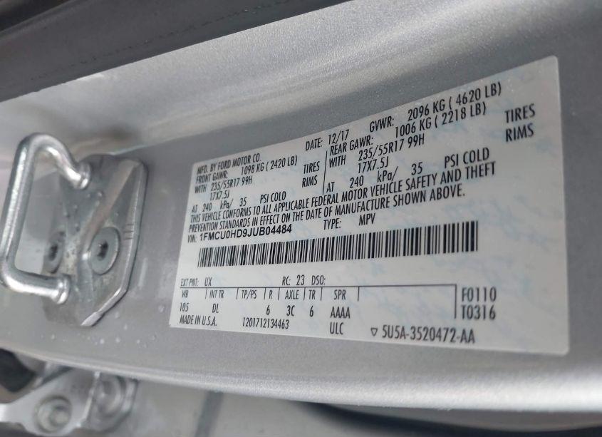 Photo 9 of 2018 Ford Escape SEL (VIN 1FMCU0HD9JUB04484)