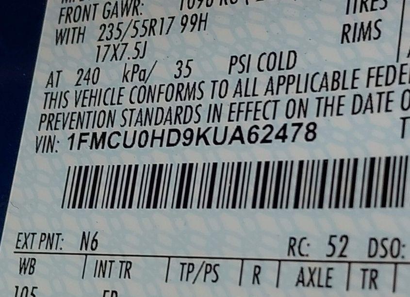 Photo 9 of 2019 Ford Escape SEL (VIN 1FMCU0HD9KUA62478)