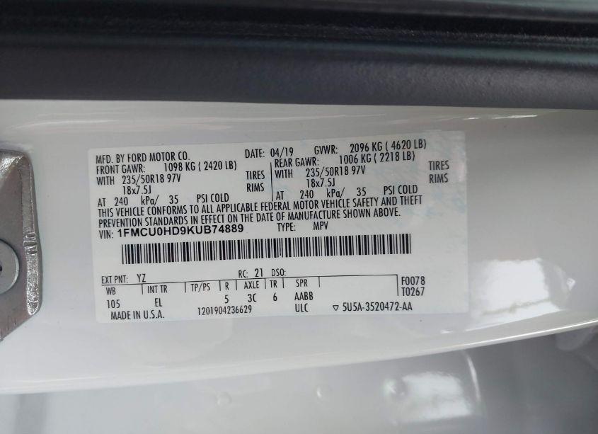 Photo 9 of 2019 Ford Escape SEL (VIN 1FMCU0HD9KUB74889)