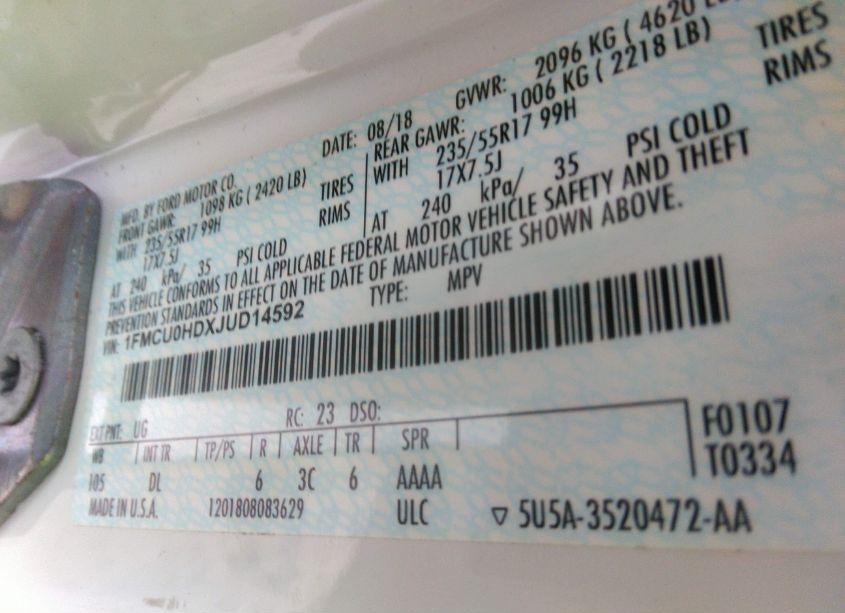 Photo 9 of 2018 Ford Escape SEL (VIN 1FMCU0HDXJUD14592)