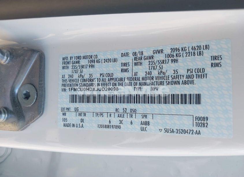 Photo 9 of 2018 Ford Escape SEL (VIN 1FMCU0HDXJUD20098)