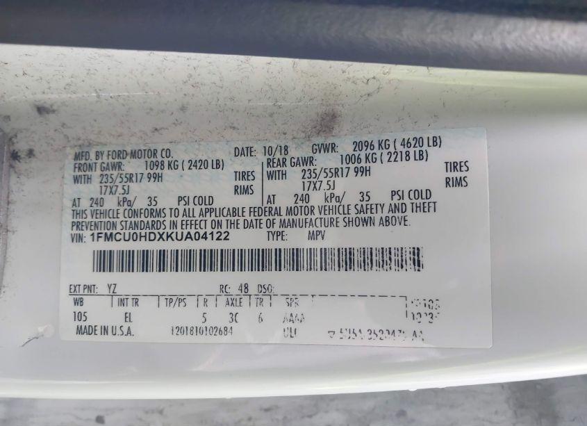 Photo 9 of 2019 Ford Escape SEL (VIN 1FMCU0HDXKUA04122)