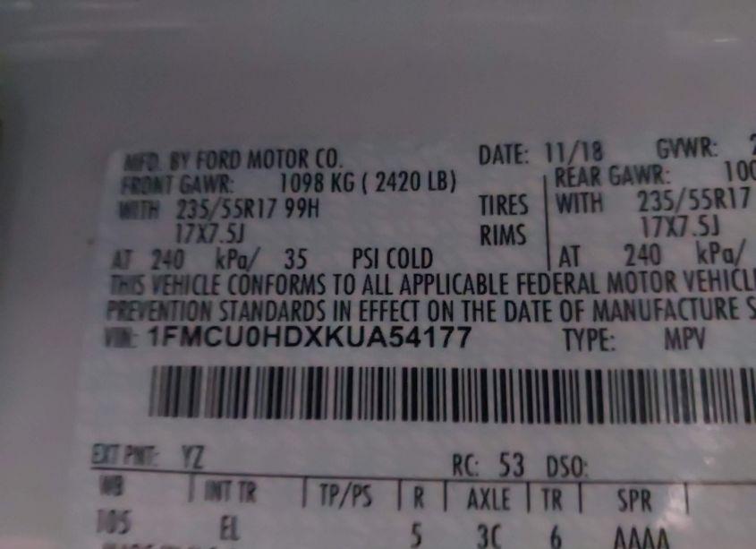 Photo 9 of 2019 Ford Escape SEL (VIN 1FMCU0HDXKUA54177)