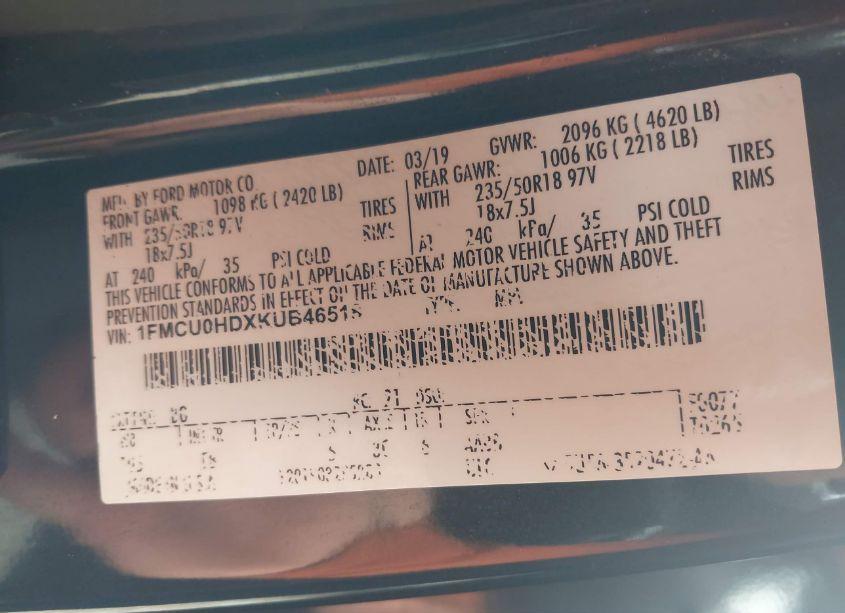 Photo 9 of 2019 Ford Escape SEL (VIN 1FMCU0HDXKUB46518)