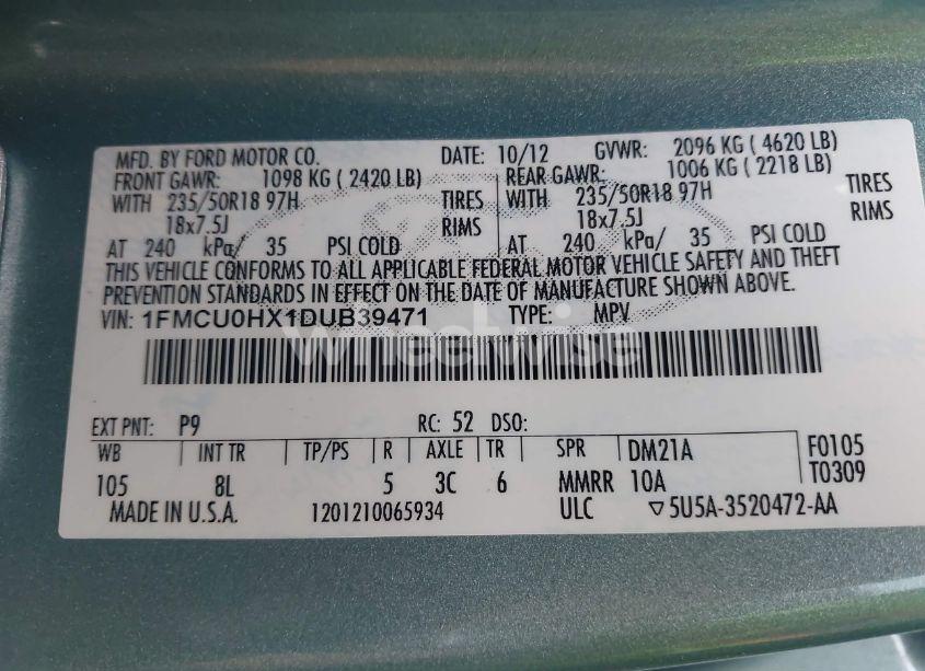 Photo 9 of 2013 Ford Escape SEL (VIN 1FMCU0HX1DUB39471)