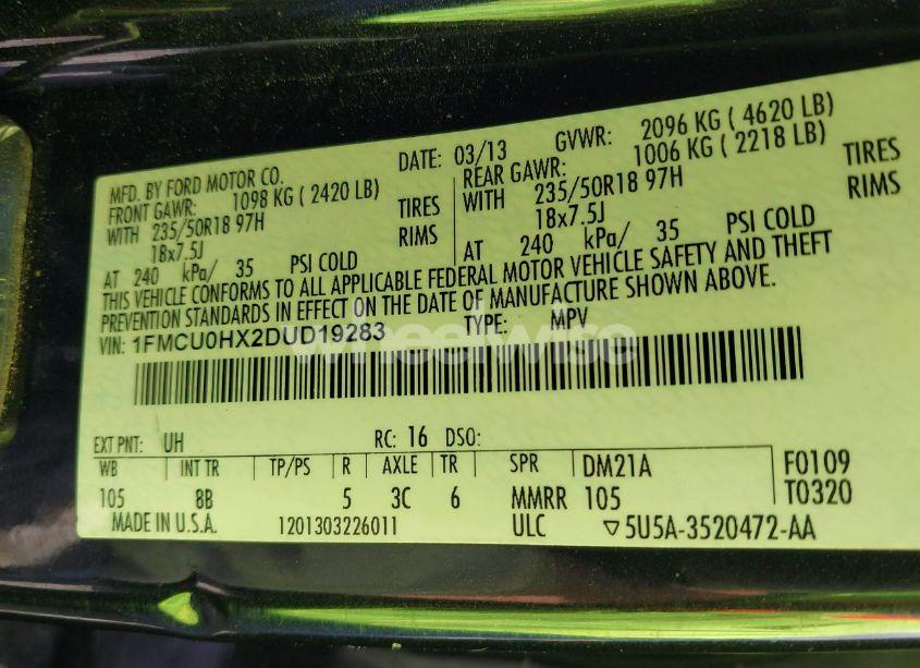 Photo 9 of 2013 Ford Escape SEL (VIN 1FMCU0HX2DUD19283)