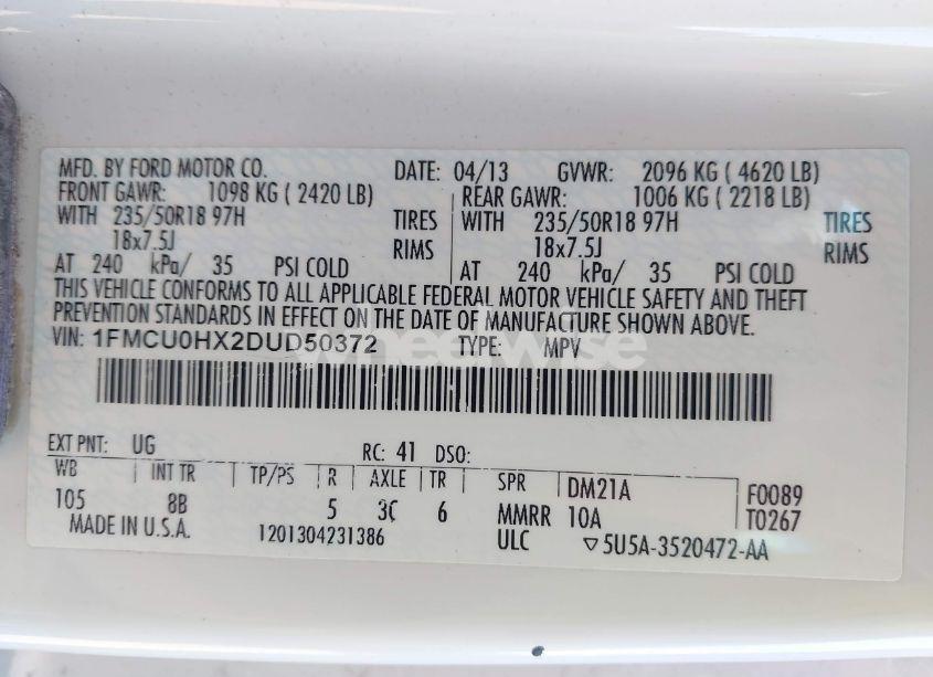 Photo 9 of 2013 Ford Escape SEL (VIN 1FMCU0HX2DUD50372)