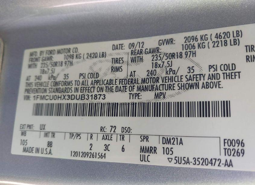 Photo 9 of 2013 Ford Escape SEL (VIN 1FMCU0HX3DUB31873)