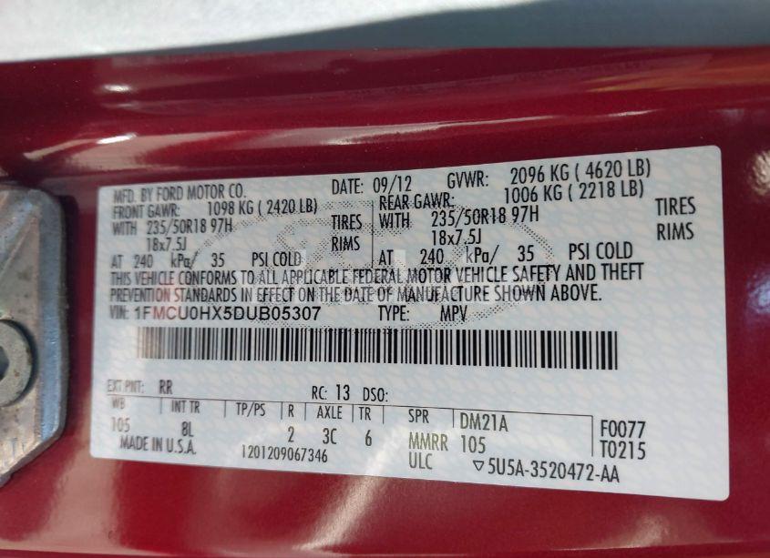 Photo 9 of 2013 Ford Escape SEL (VIN 1FMCU0HX5DUB05307)