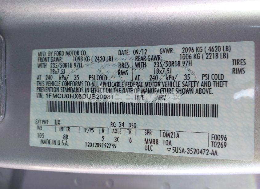 Photo 9 of 2013 Ford Escape SEL (VIN 1FMCU0HX6DUB20981)