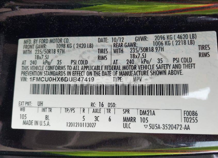 Photo 9 of 2013 Ford Escape SEL (VIN 1FMCU0HX6DUB47419)