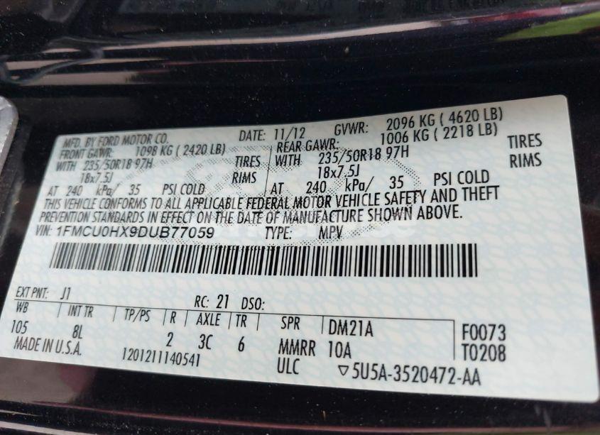 Photo 9 of 2013 Ford Escape SEL (VIN 1FMCU0HX9DUB77059)