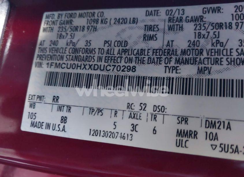 Photo 9 of 2013 Ford Escape SEL (VIN 1FMCU0HXXDUC70298)