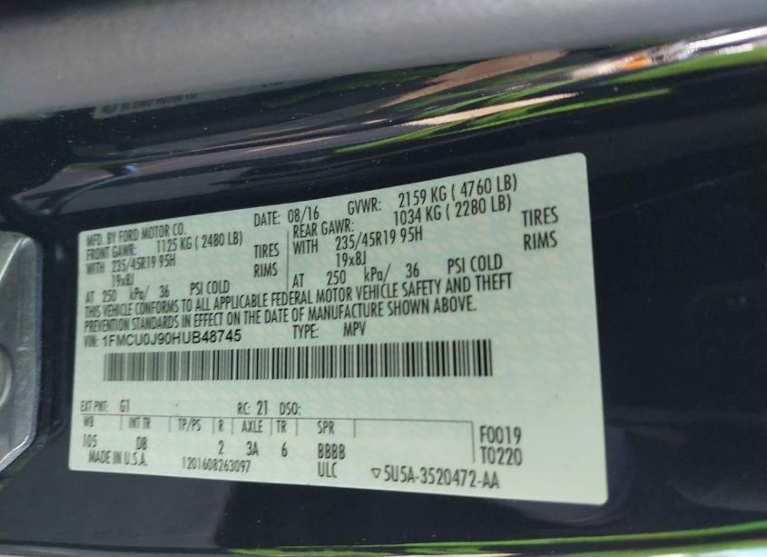 Photo 9 of 2017 Ford Escape TITANIUM (VIN 1FMCU0J90HUB48745)