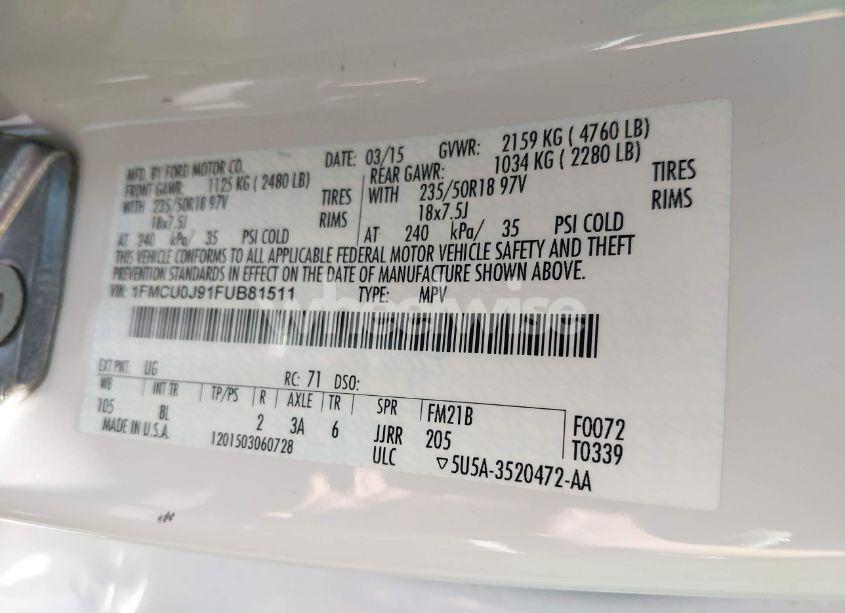 Photo 9 of 2015 Ford Escape TITANIUM (VIN 1FMCU0J91FUB81511)