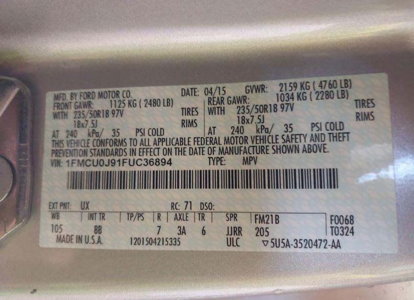 Photo 9 of 2015 Ford Escape TITANIUM (VIN 1FMCU0J91FUC36894)