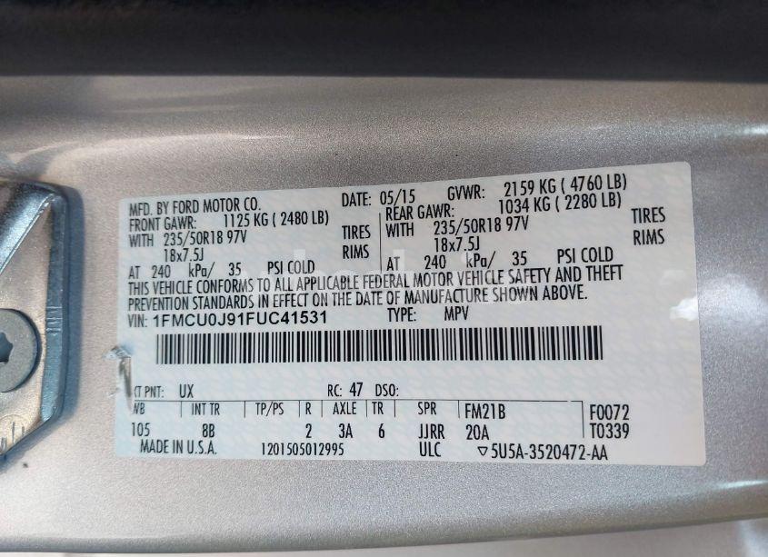 Photo 9 of 2015 Ford Escape TITANIUM (VIN 1FMCU0J91FUC41531)