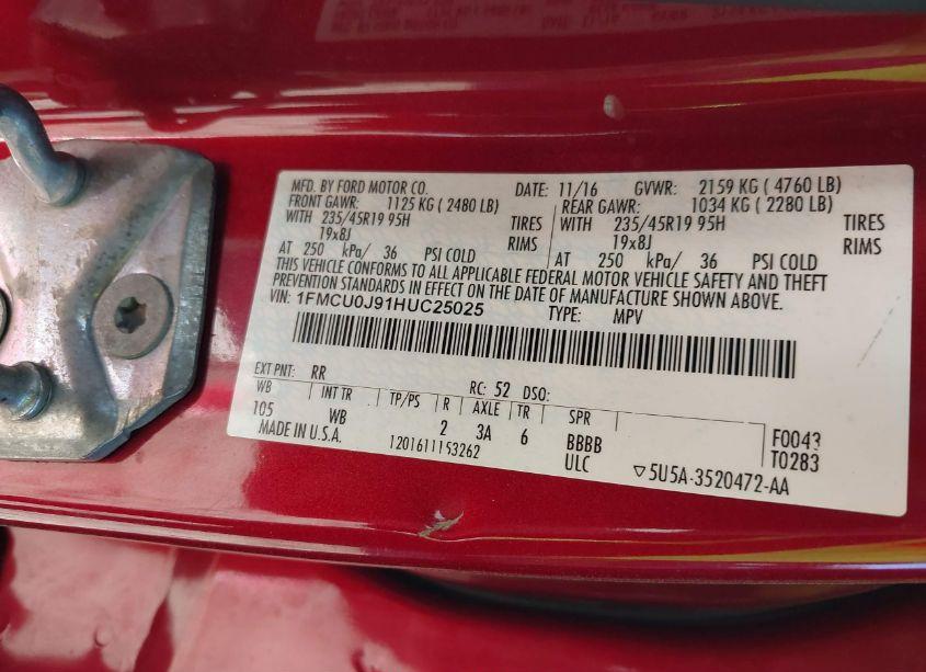 Photo 9 of 2017 Ford Escape TITANIUM (VIN 1FMCU0J91HUC25025)