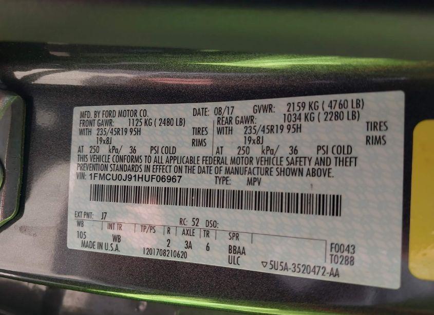 Photo 9 of 2017 Ford Escape TITANIUM (VIN 1FMCU0J91HUF06967)