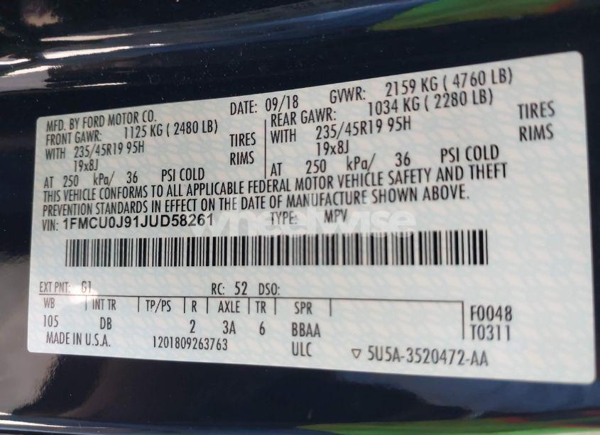 Photo 9 of 2018 Ford Escape TITANIUM (VIN 1FMCU0J91JUD58261)