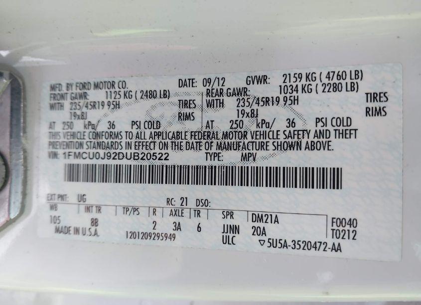 Photo 9 of 2013 Ford Escape TITANIUM (VIN 1FMCU0J92DUB20522)